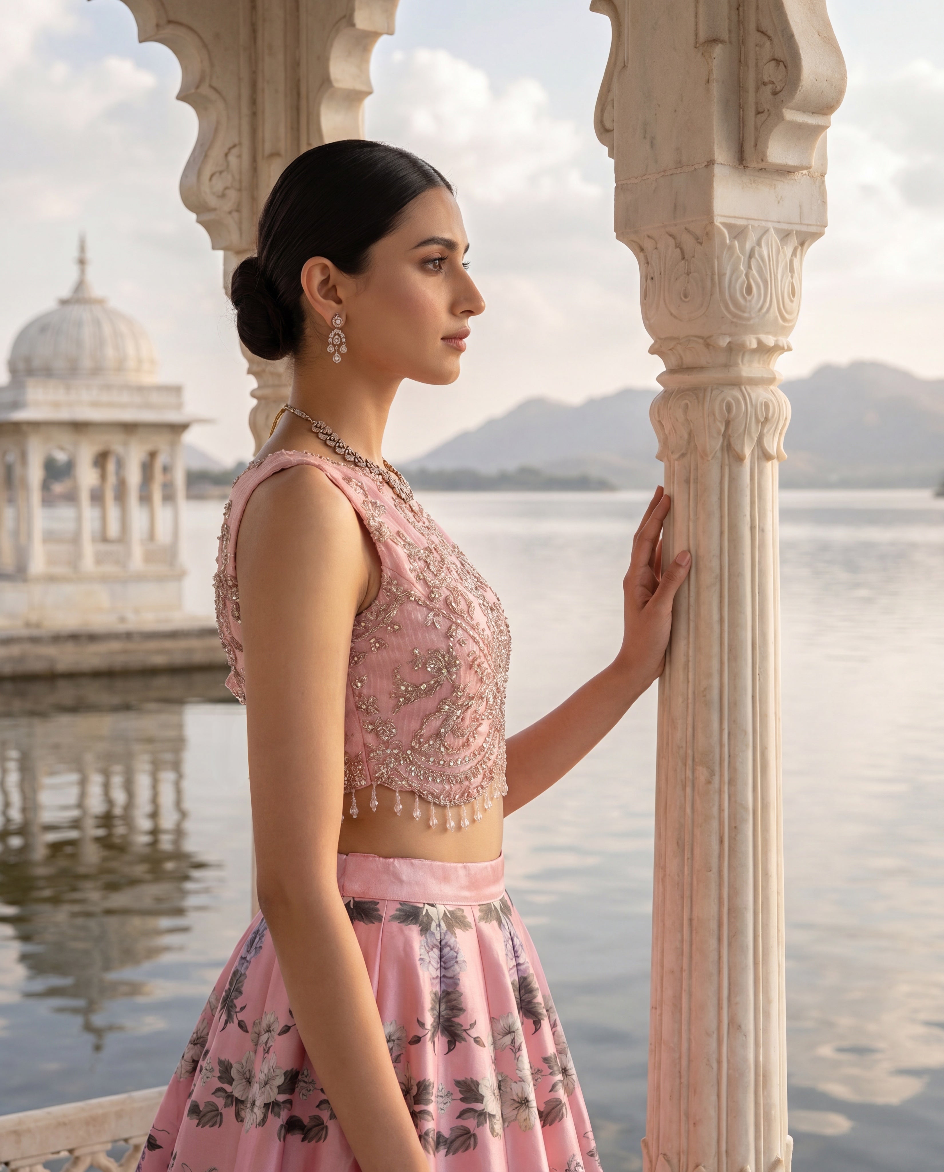Unstitched Blush Pink Floral Lehenga Set