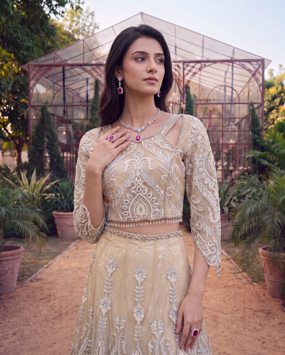 Net Embroidered Blouse with Lehenga and Dupatta (RTW)