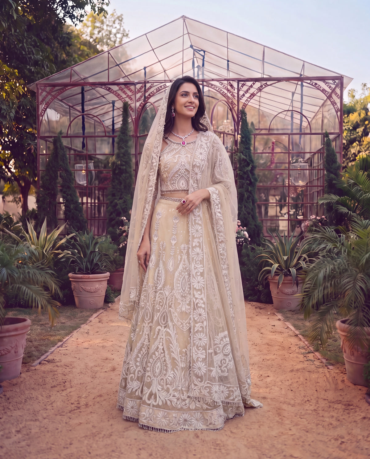 Net Embroidered Blouse with Lehenga and Dupatta (RTW)