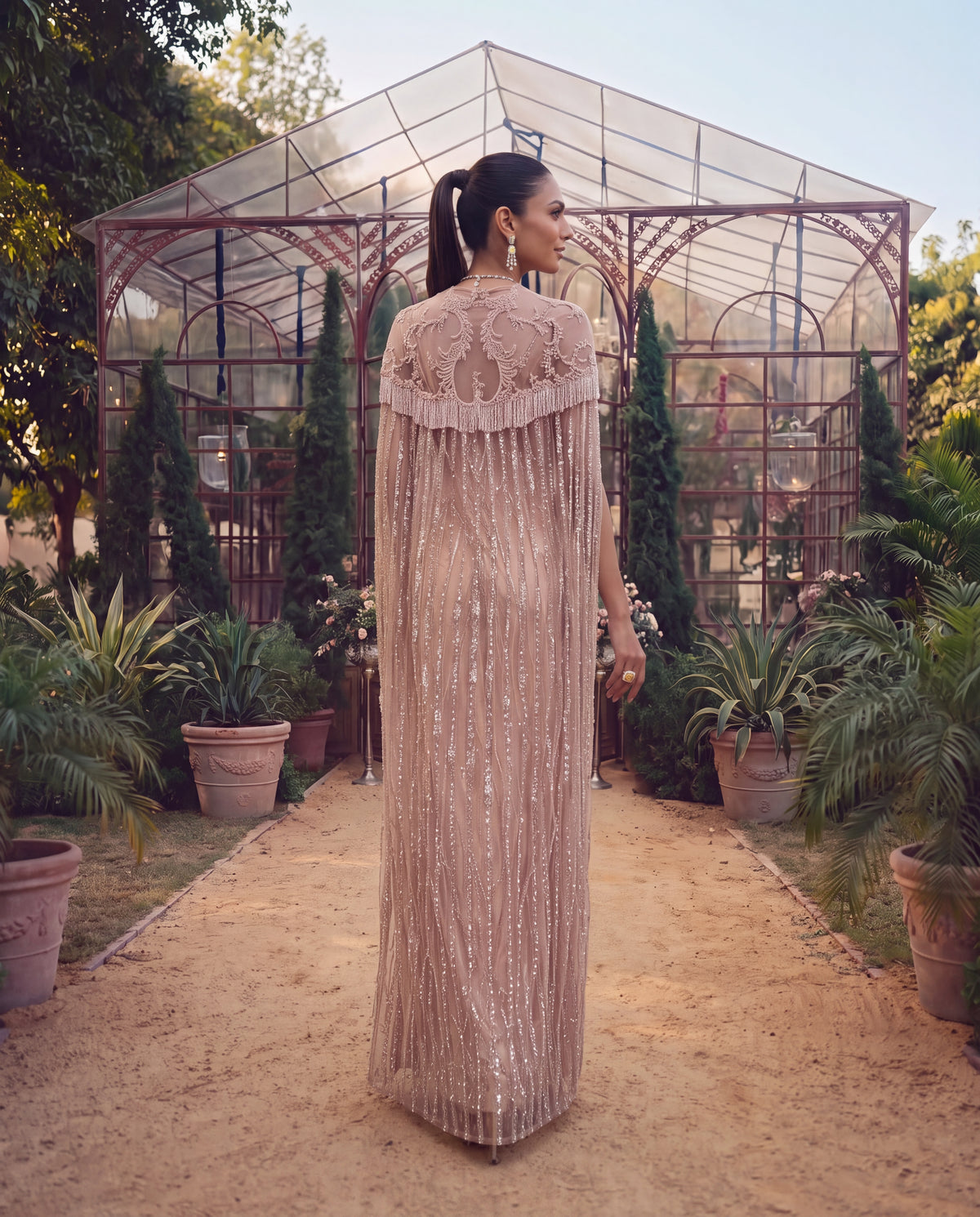 Net Embroidered Dress With Cape (RTW)