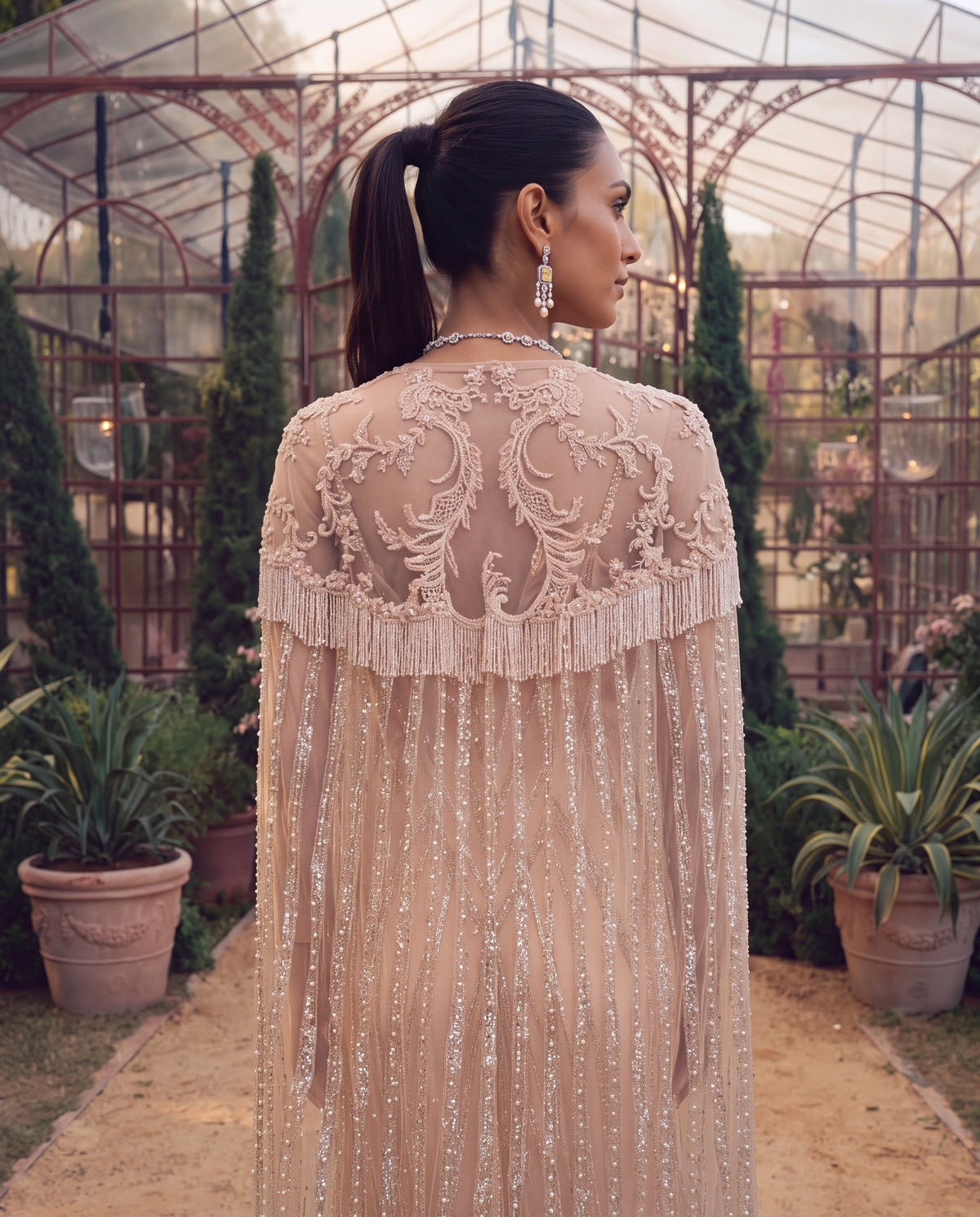 Net Embroidered Dress With Cape (RTW)