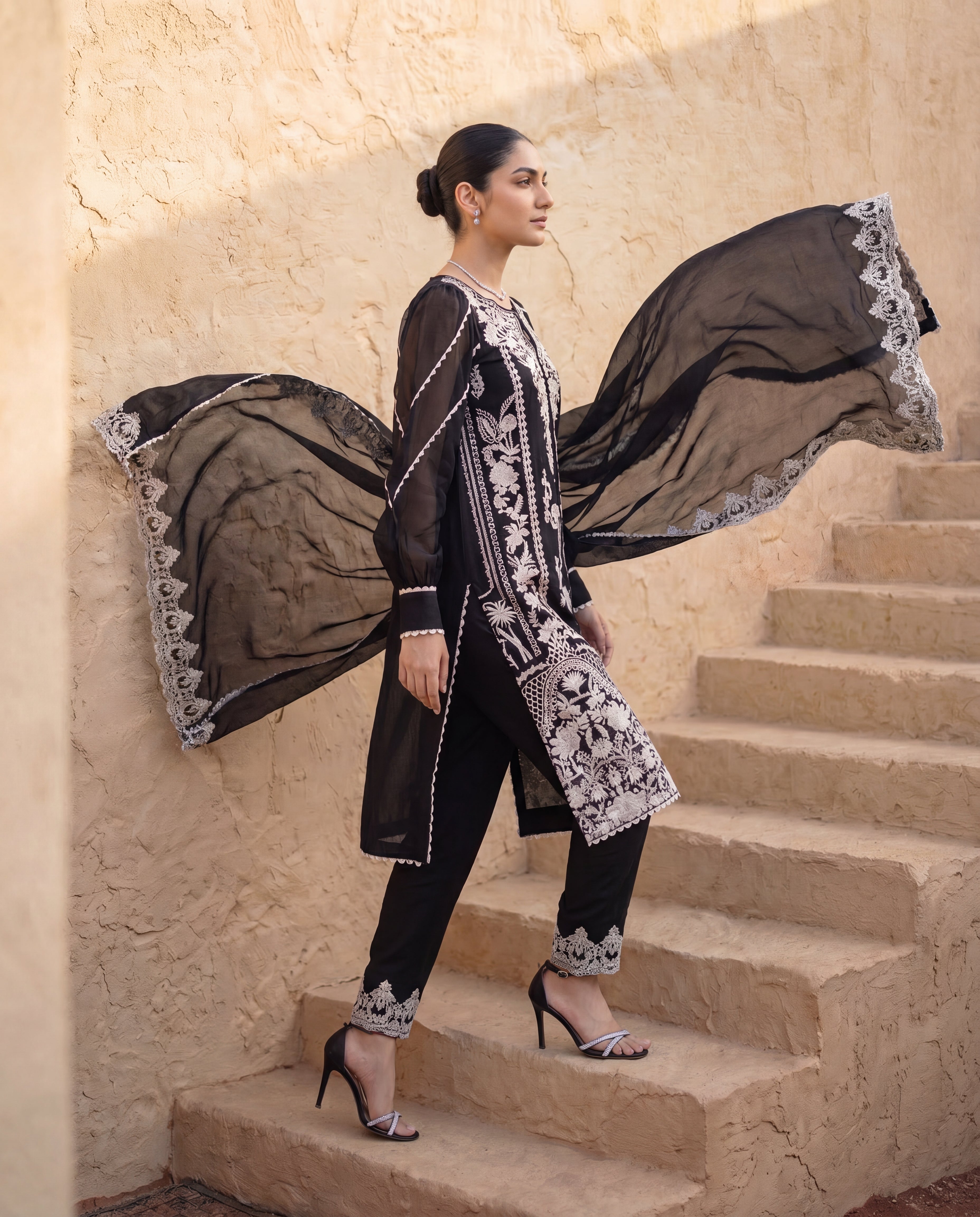 Ebony Bloom Embroidered Kurta with Embroidered Pants