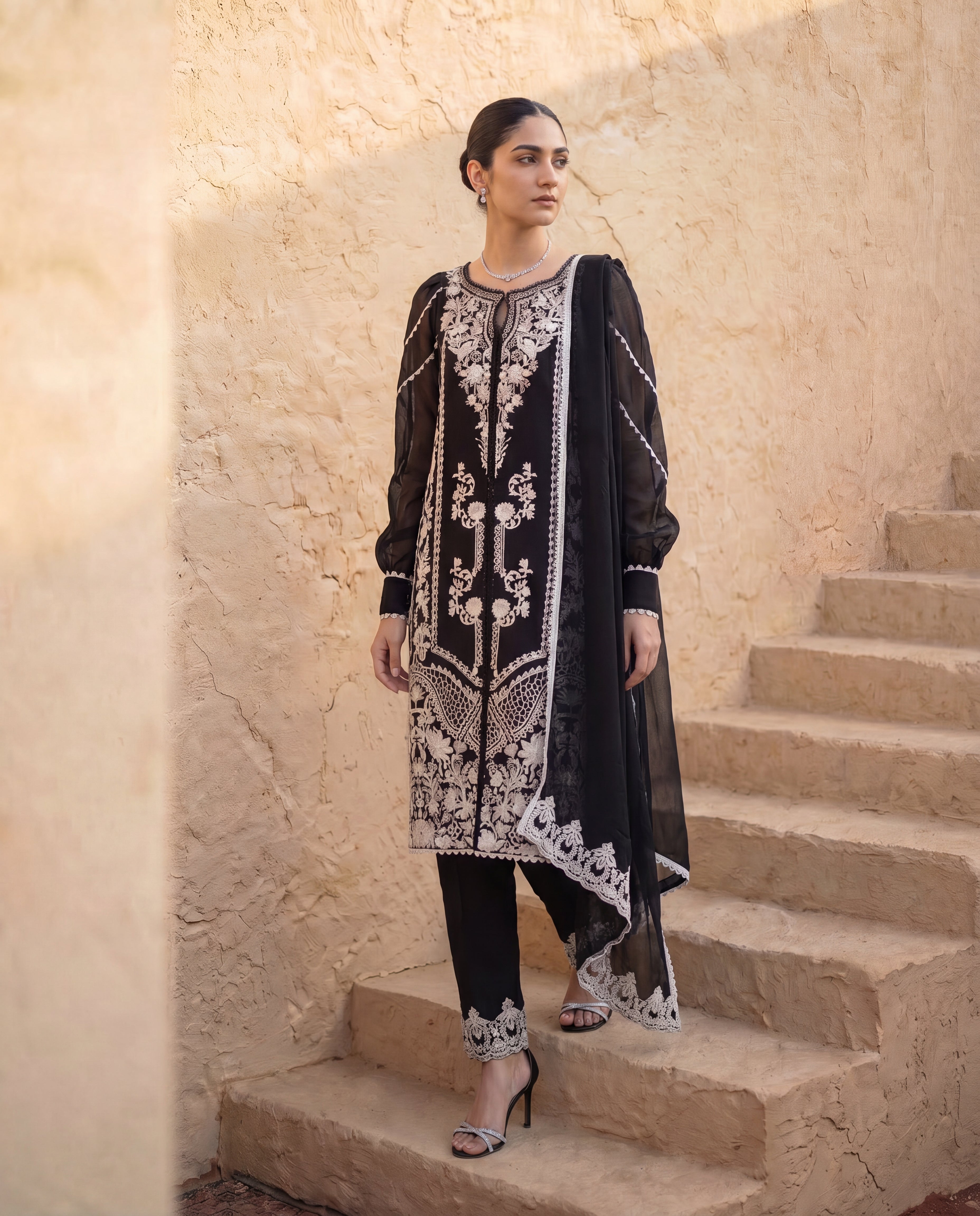 Ebony Bloom Embroidered Kurta with Embroidered Pants