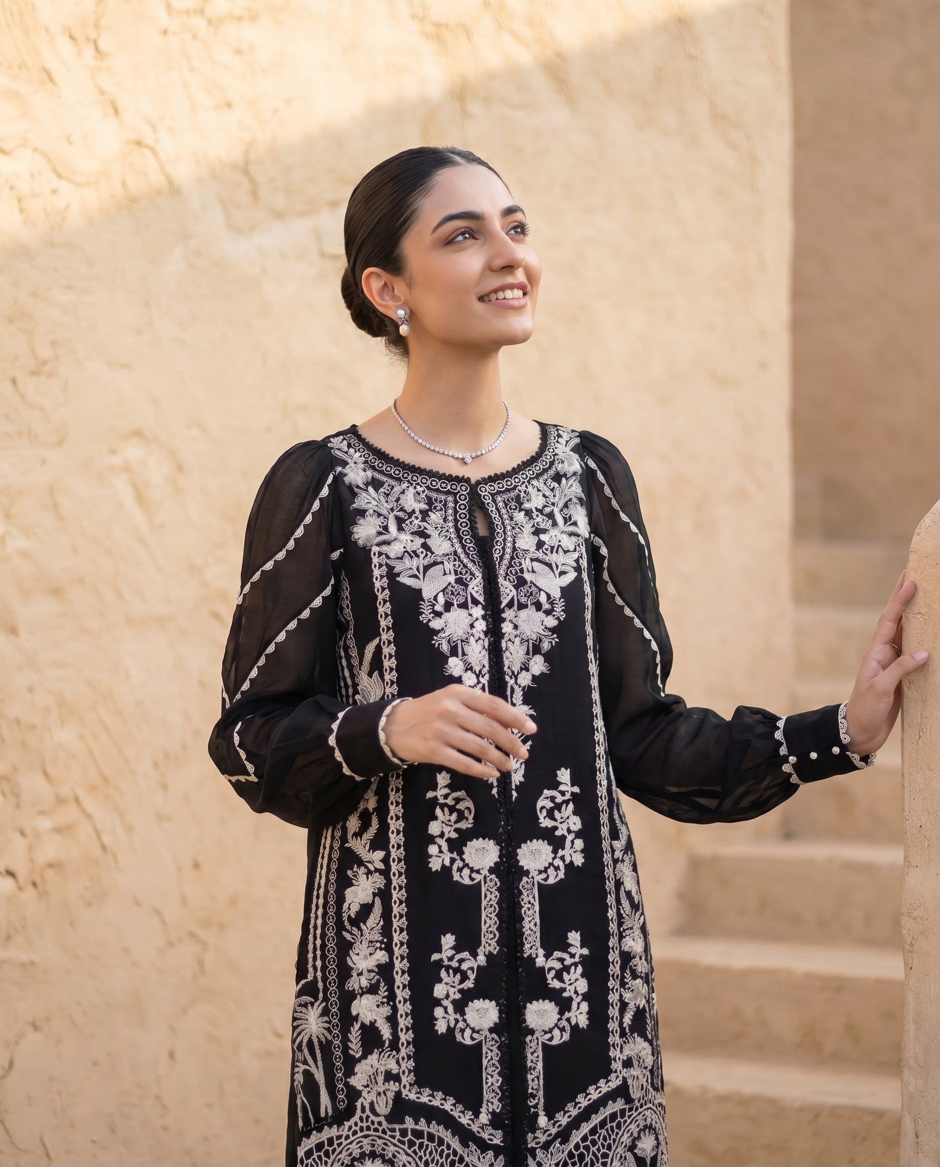 Ebony Bloom Embroidered Kurta with Embroidered Pants