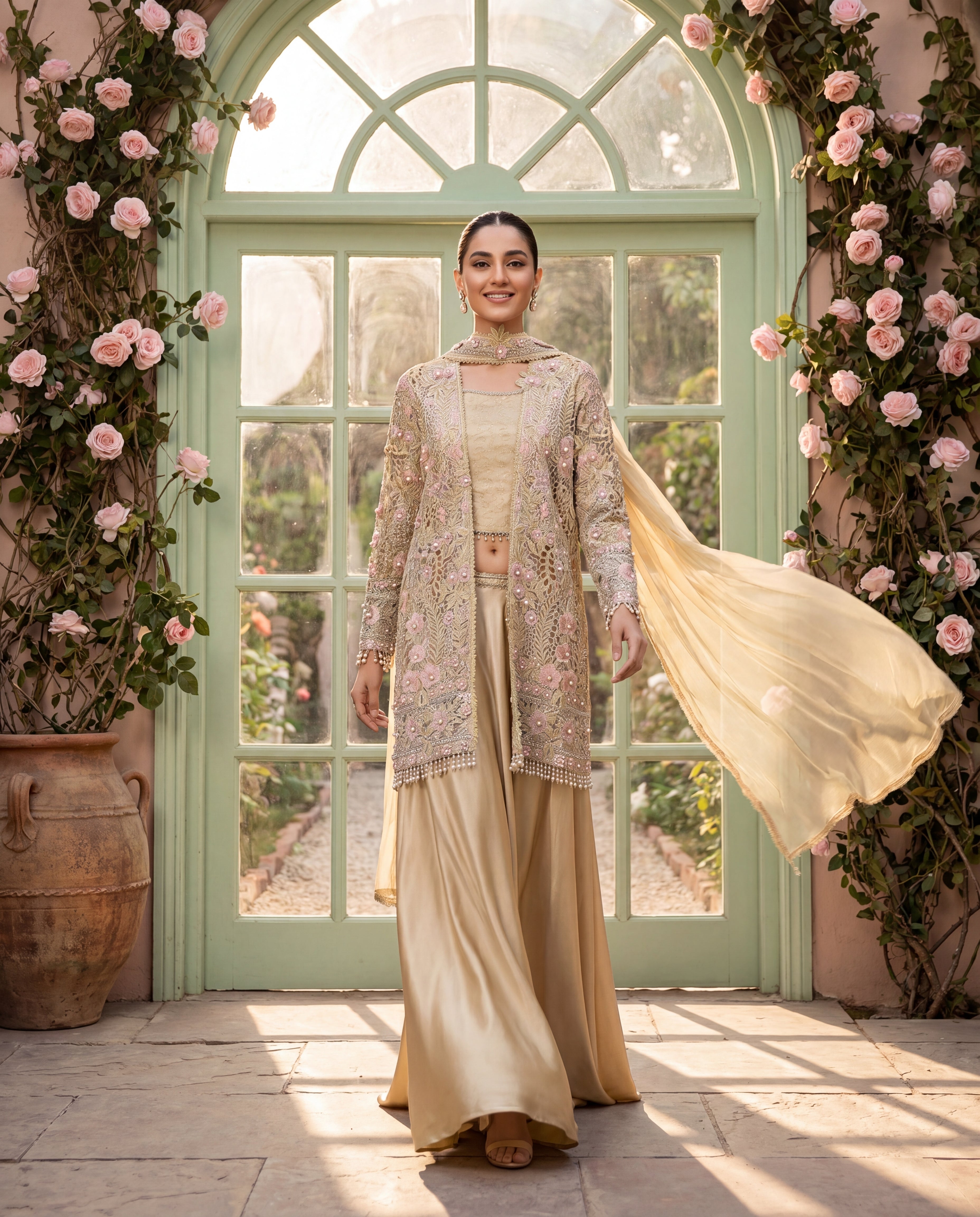 Organza Embroidered Jacket With Blouse And Skirt