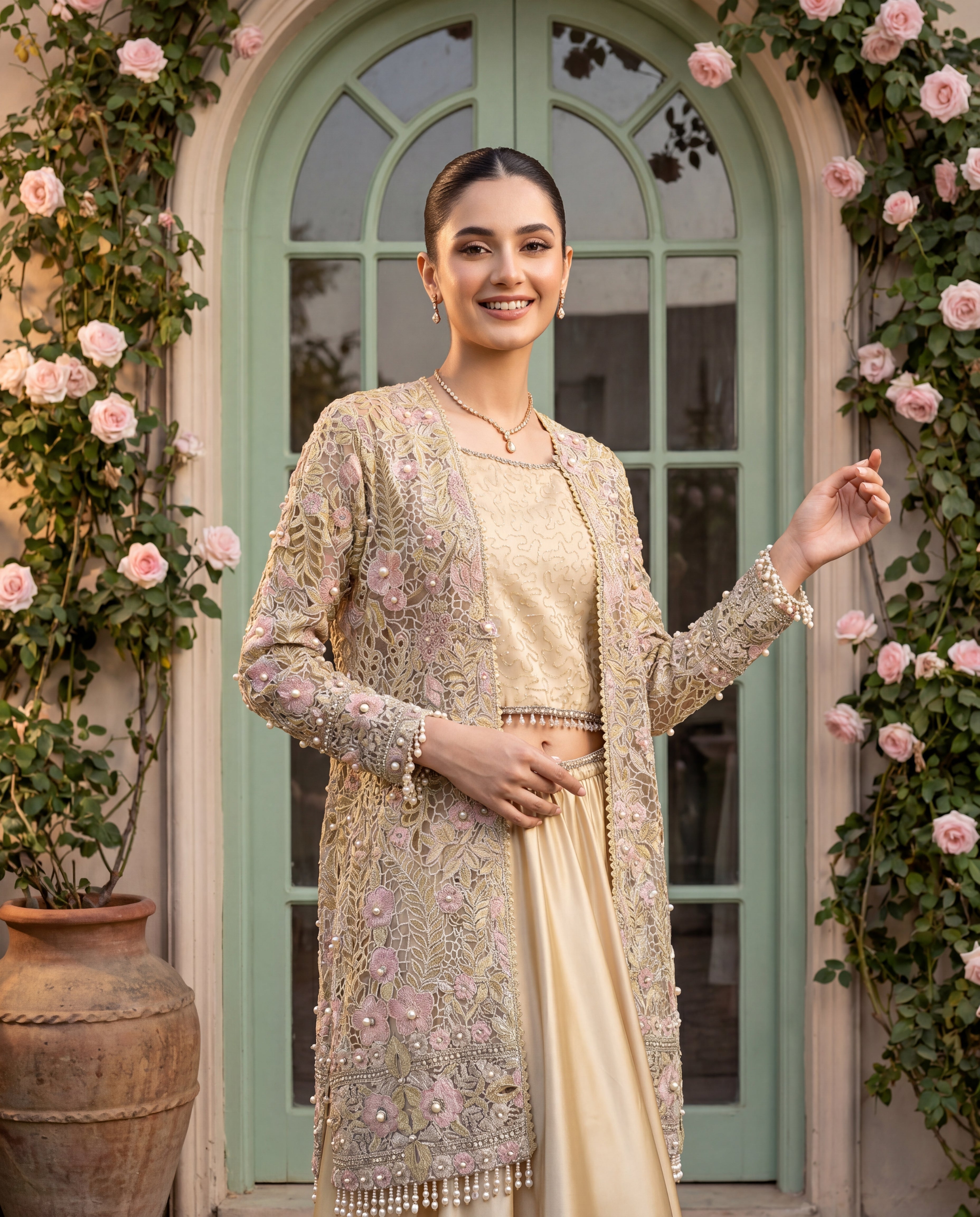 Organza Embroidered Jacket With Blouse And Skirt