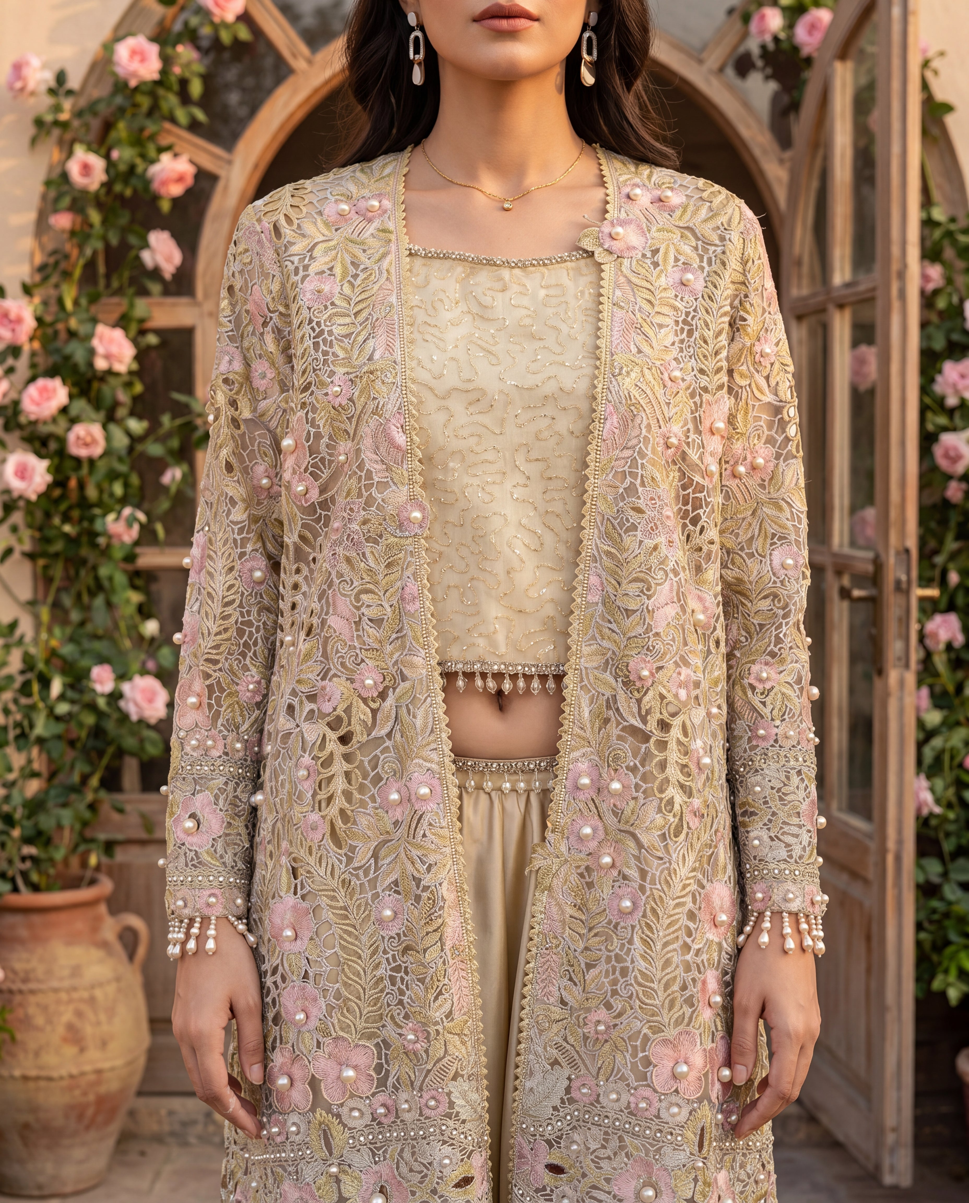 Organza Embroidered Jacket With Blouse And Skirt