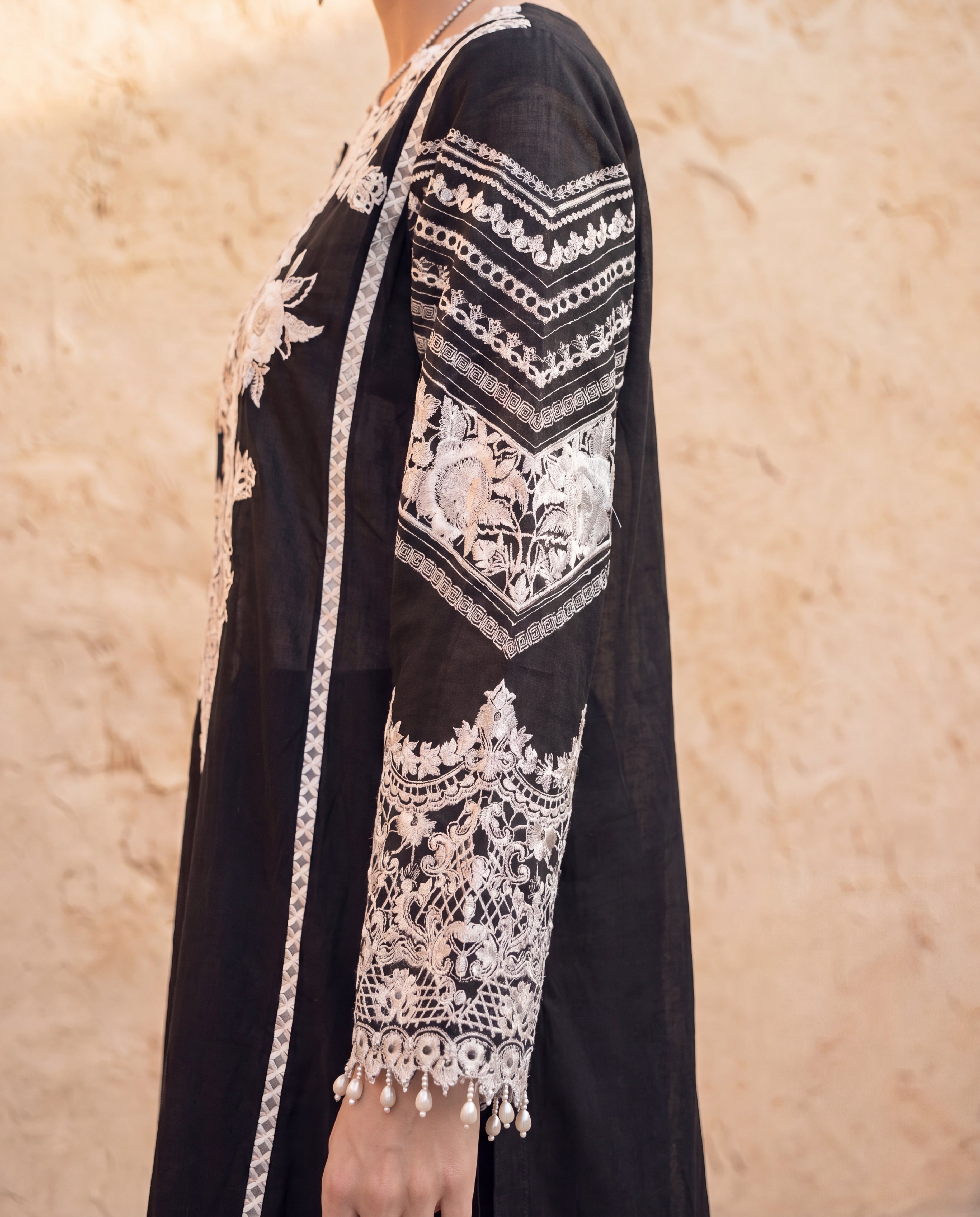 Monochrome embroidered Black Lawn Kurta with Pant and Dupatta