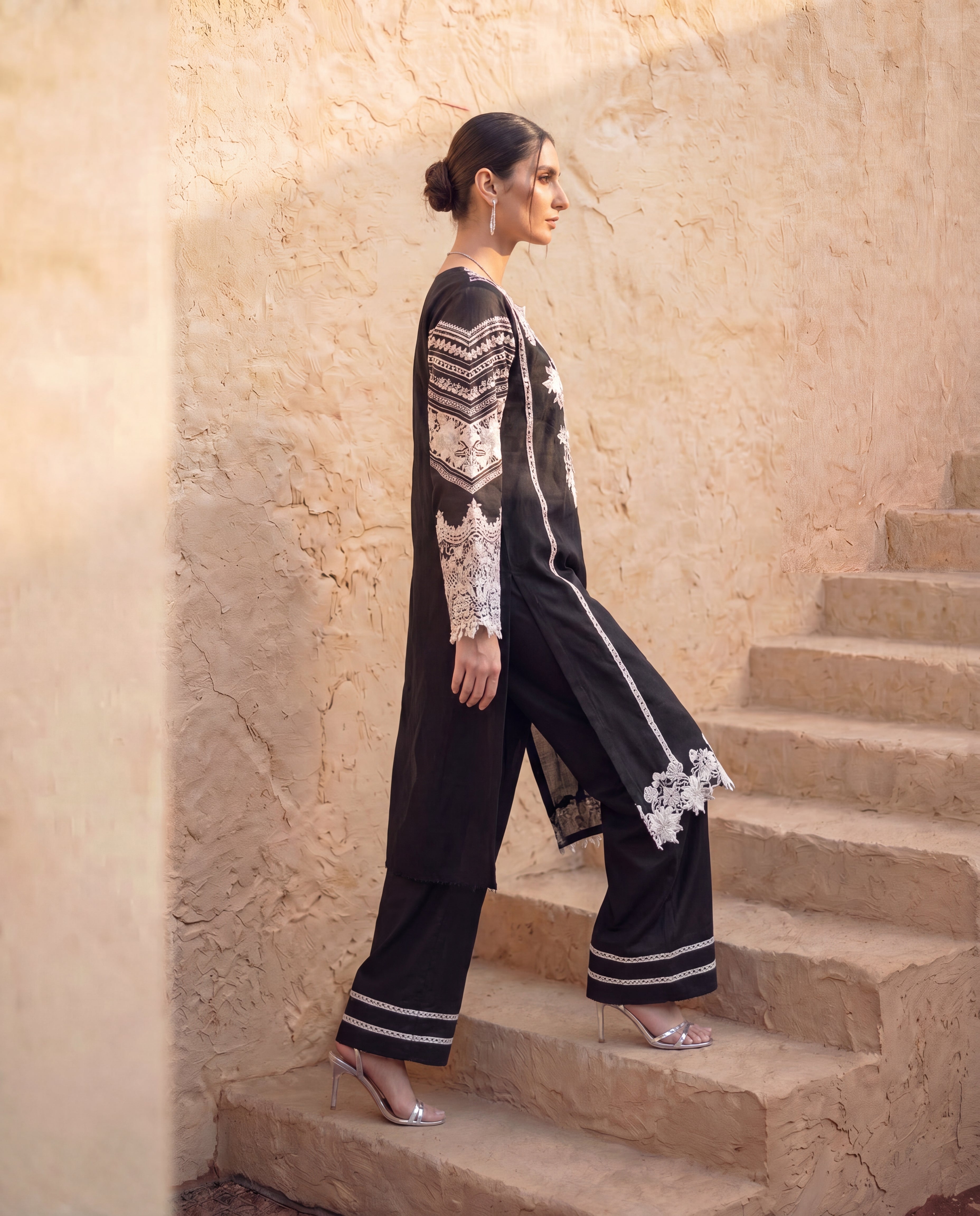 Monochrome embroidered Black Lawn Kurta with Pant and Dupatta