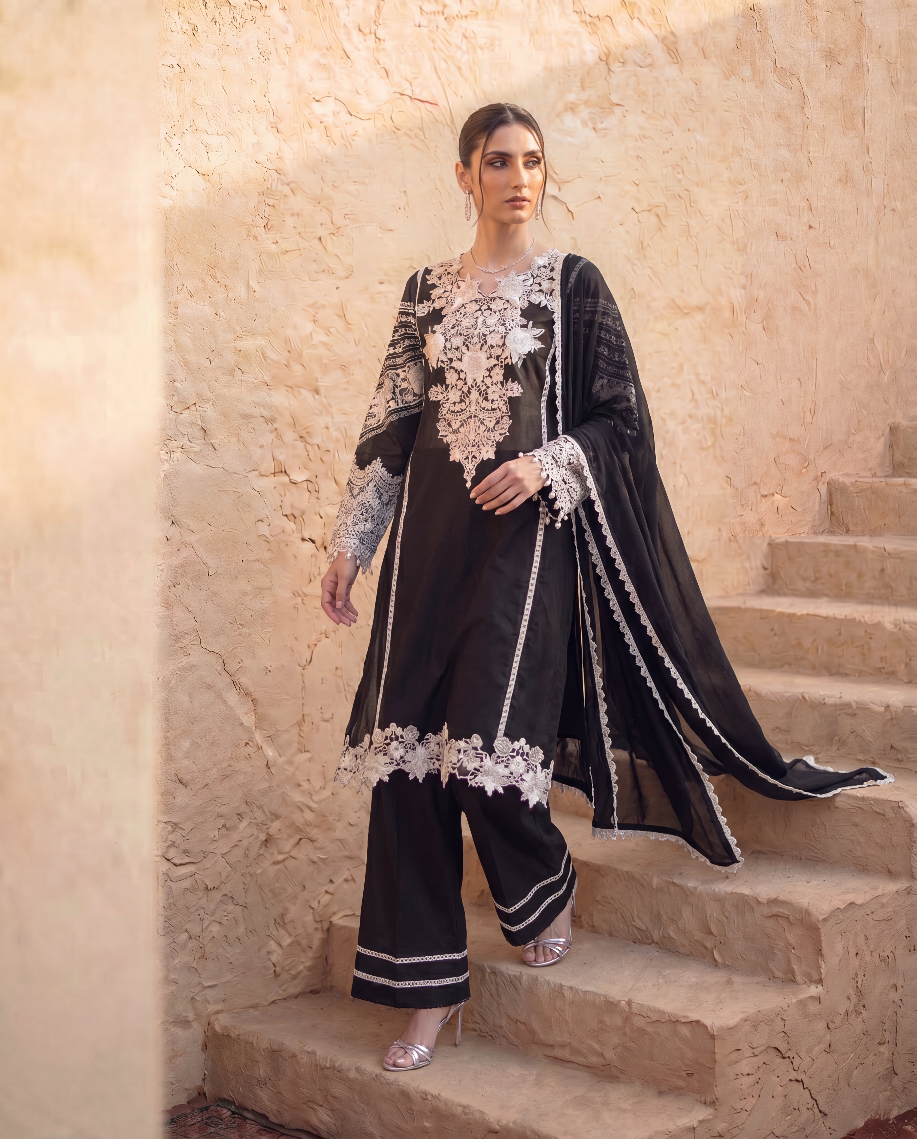 Monochrome embroidered Black Lawn Kurta with Pant and Dupatta