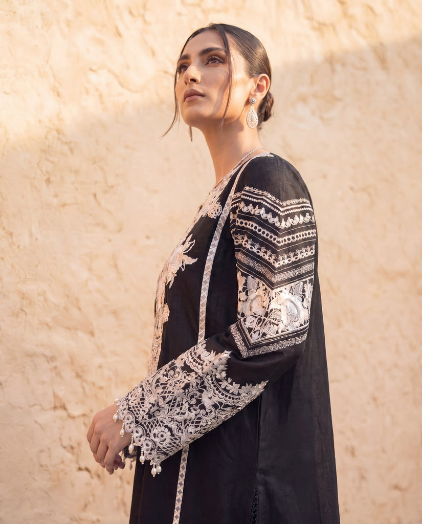 Monochrome embroidered Black Lawn Kurta with Pant and Dupatta