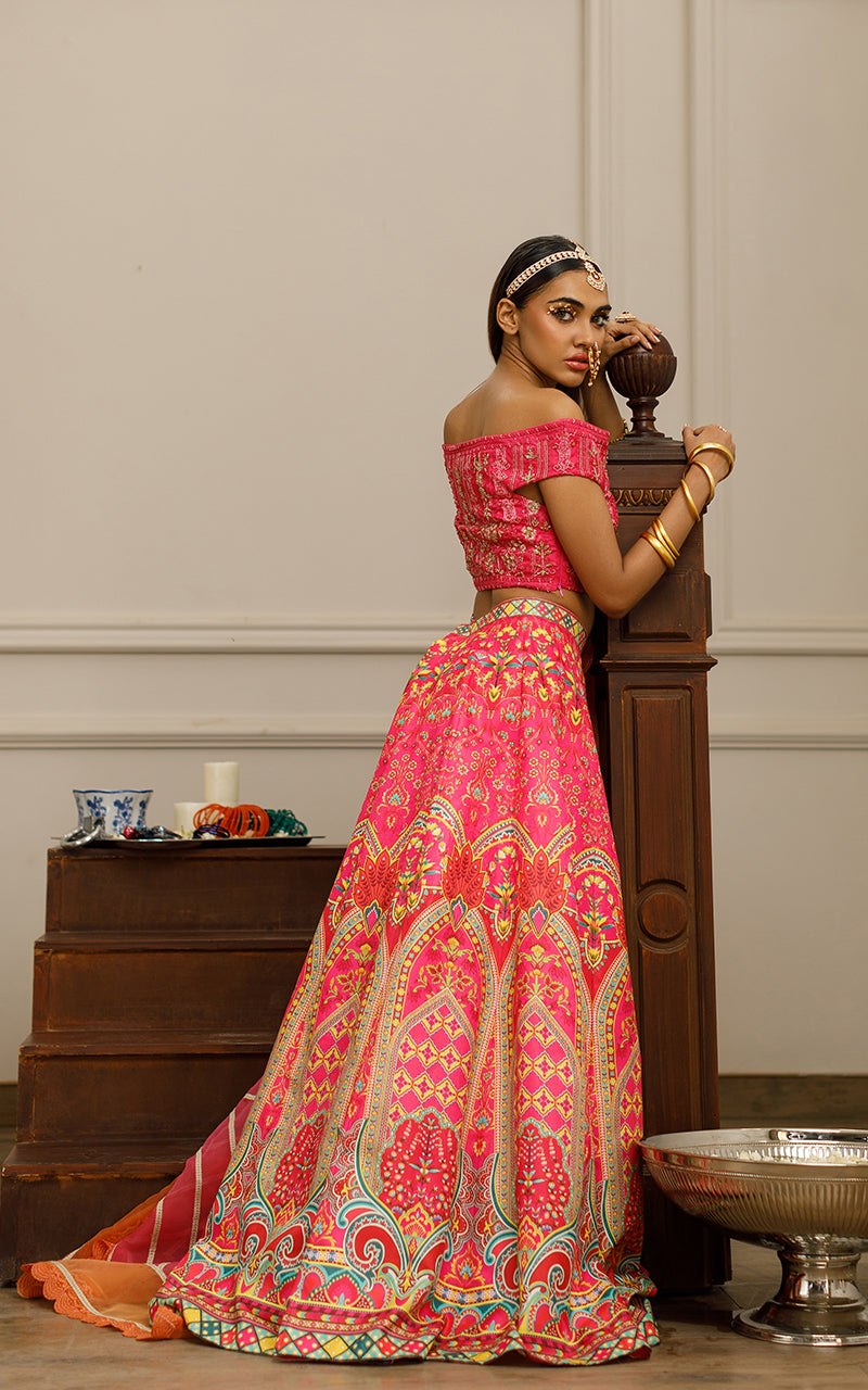 Net Embroidered Blouse With Printed Lehenga