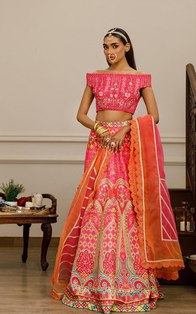 Net Embroidered Blouse With Printed Lehenga
