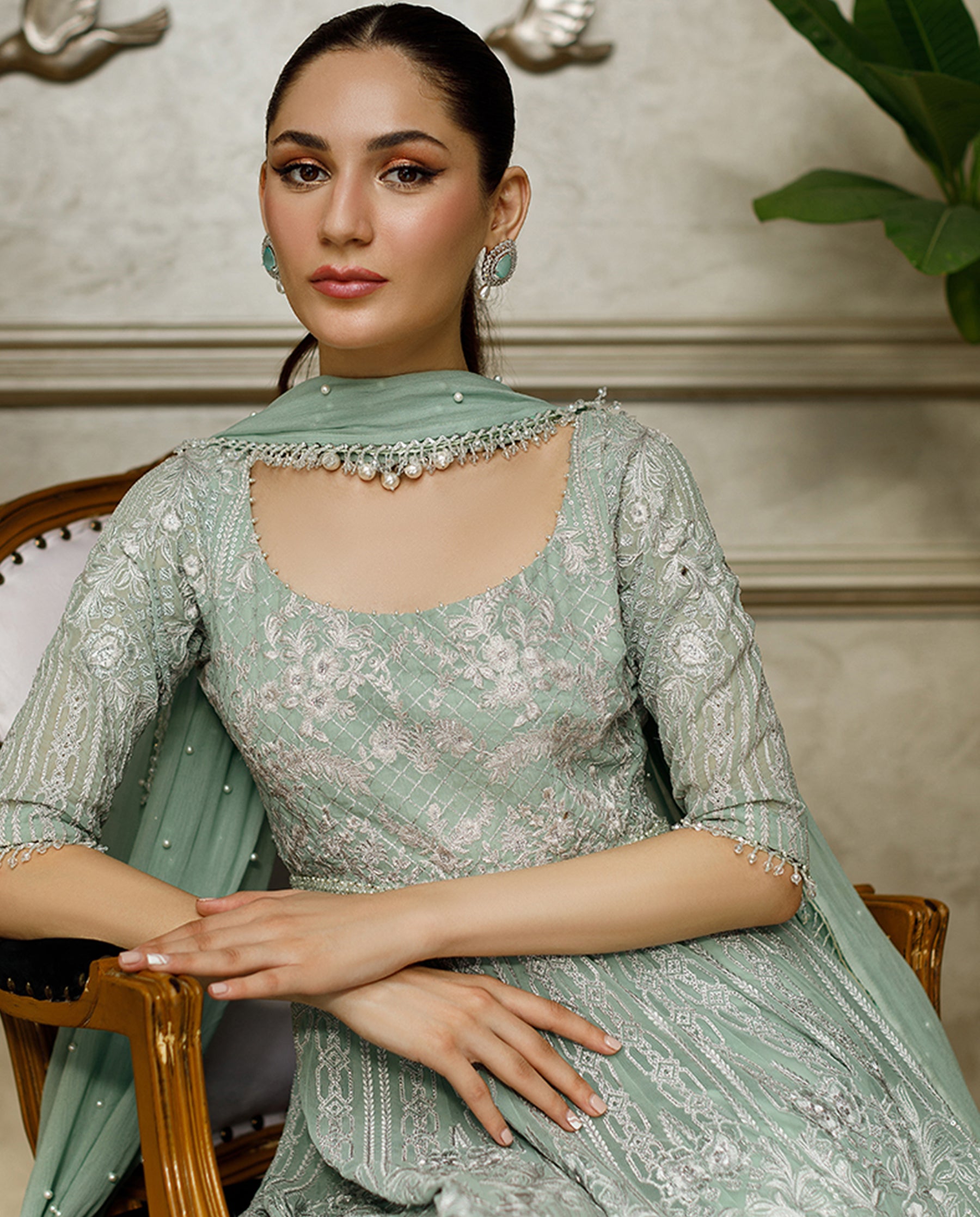 Unstitched Mint Mist Chiffon Embroidered Gown