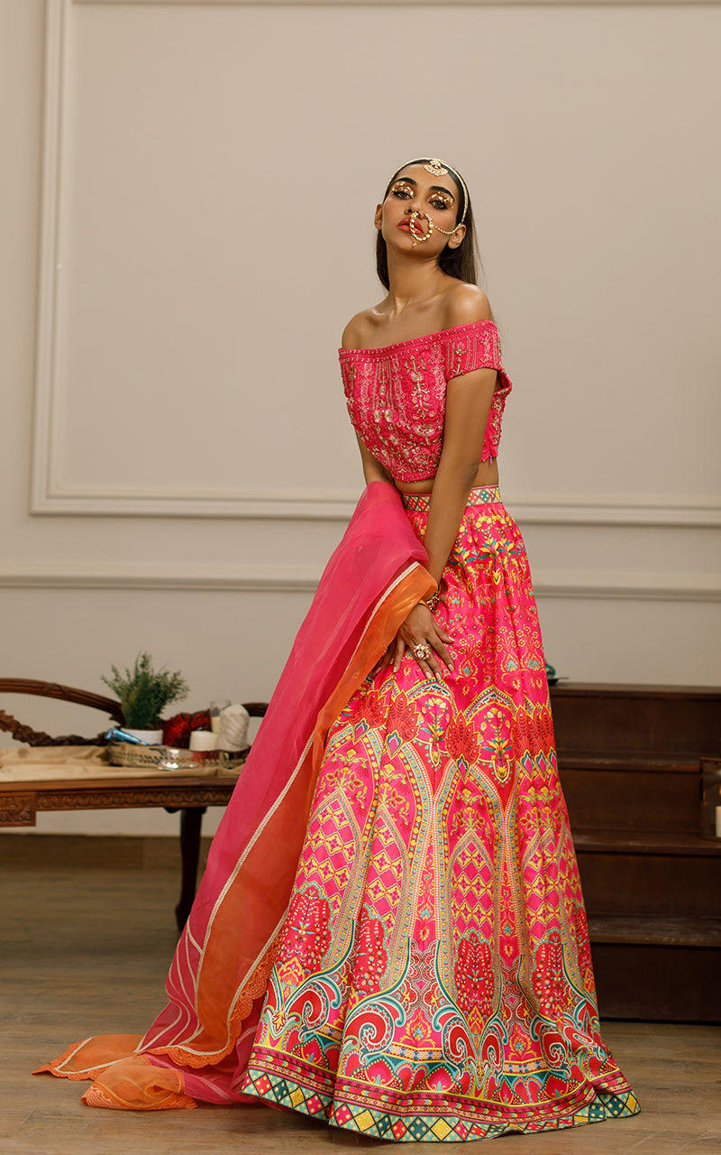 Net Embroidered Blouse With Printed Lehenga