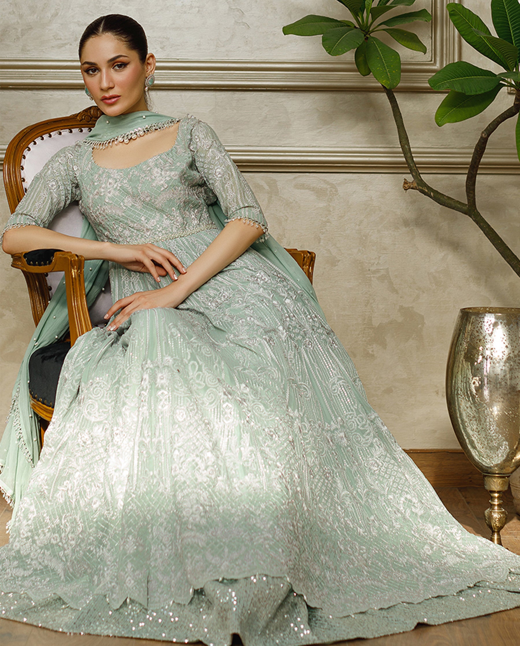 Unstitched Mint Mist Chiffon Embroidered Gown