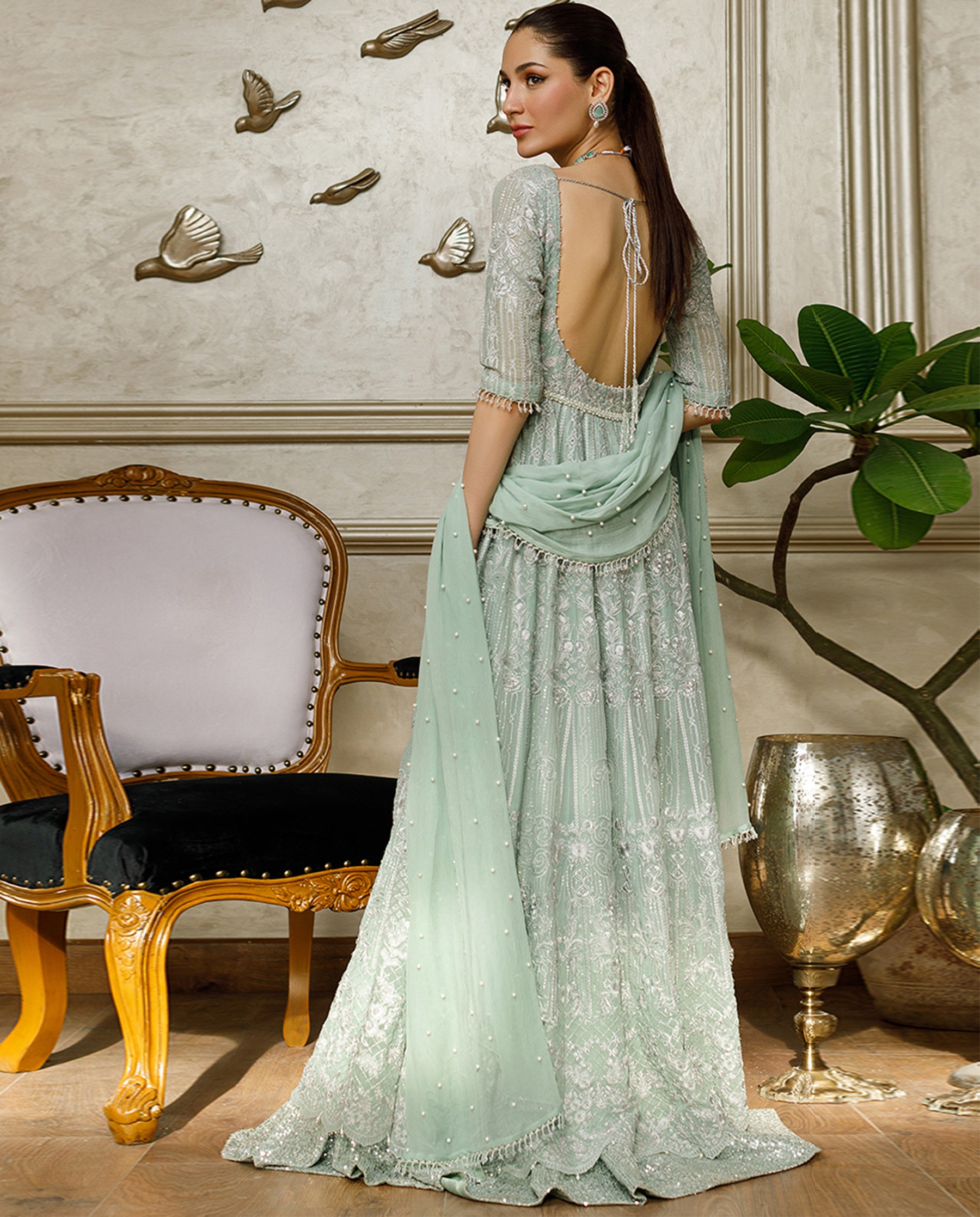 Unstitched Mint Mist Chiffon Embroidered Gown