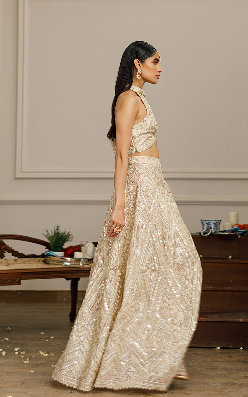 Unstitched Elegant Beige Organza Embroidered Ensemble