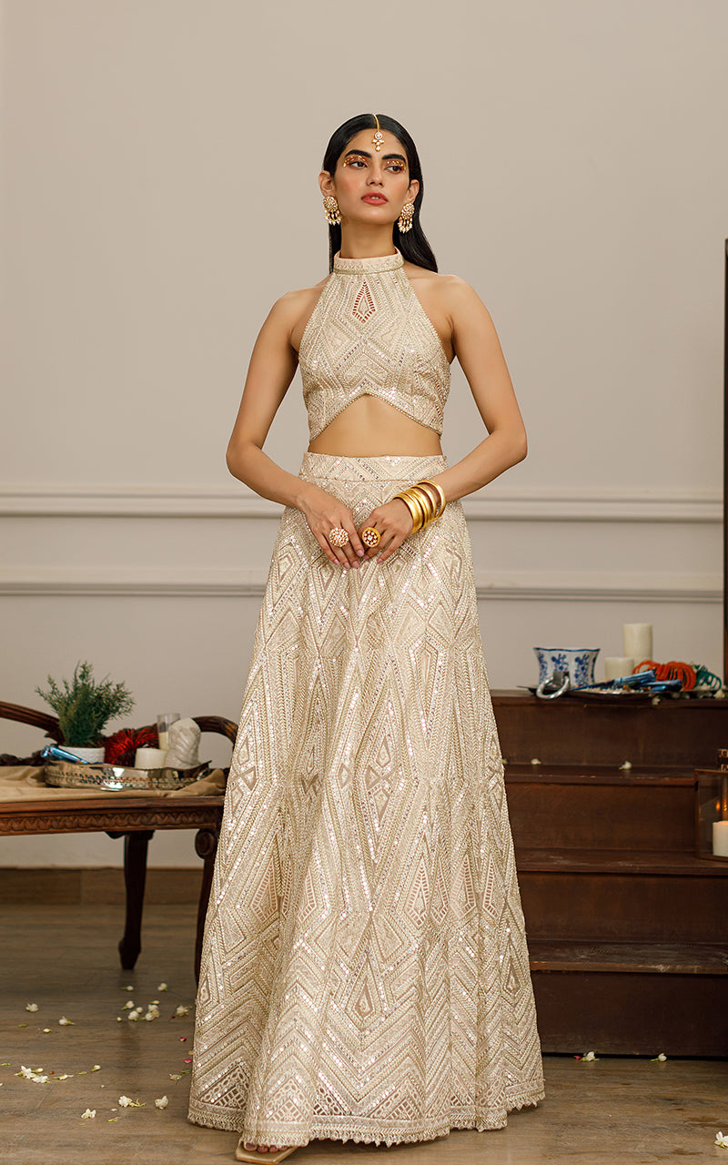 Unstitched Elegant Beige Organza Embroidered Ensemble