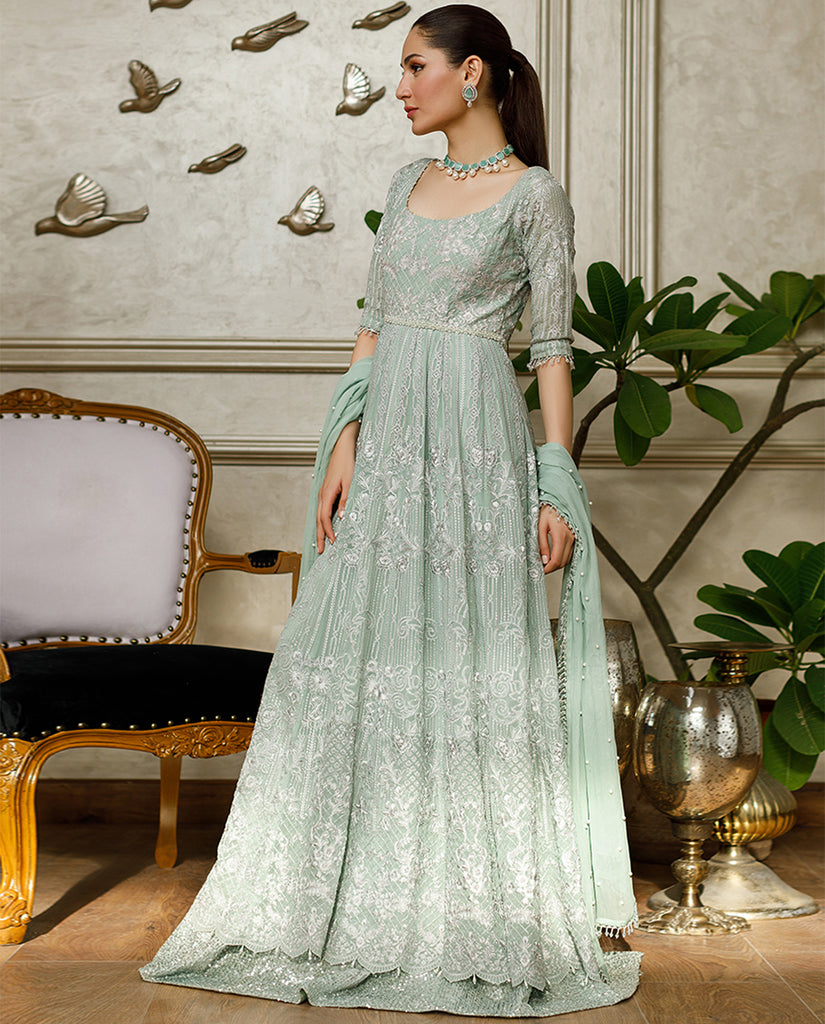 Unstitched Mint Mist Chiffon Embroidered Gown