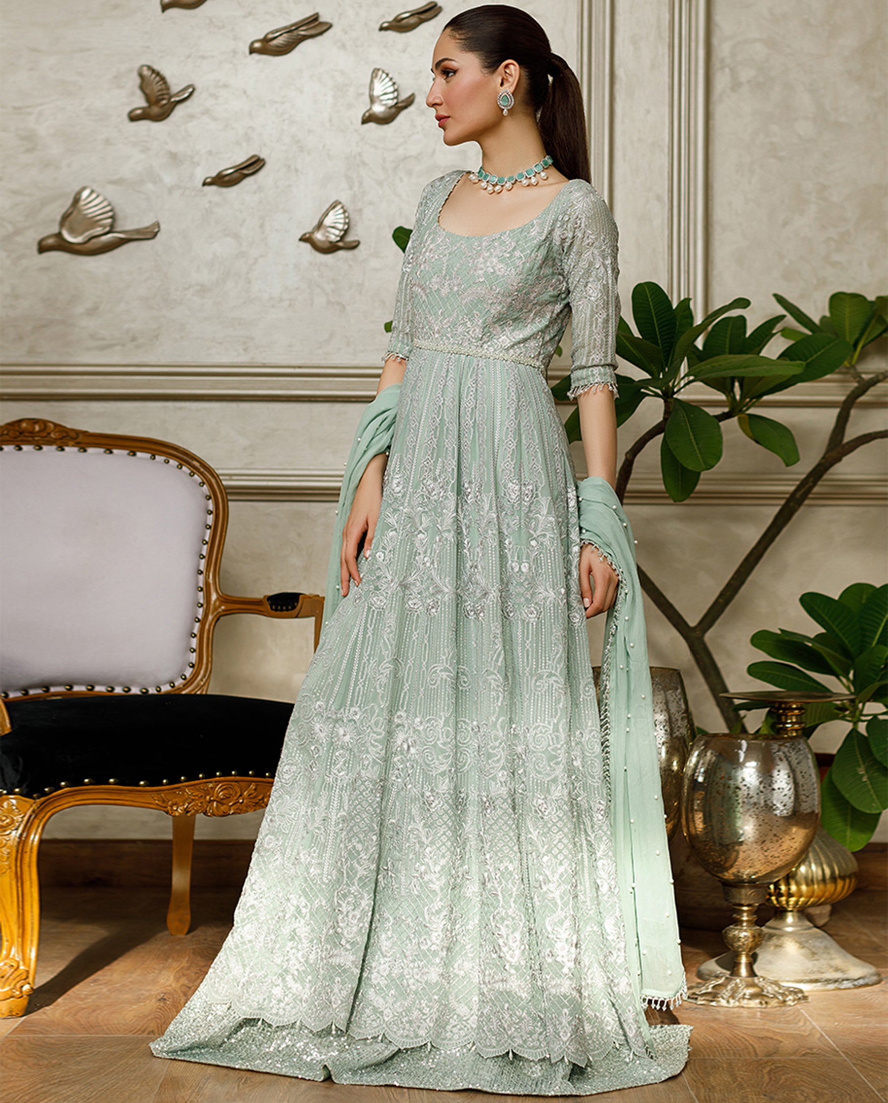 Unstitched Mint Mist Chiffon Embroidered Gown
