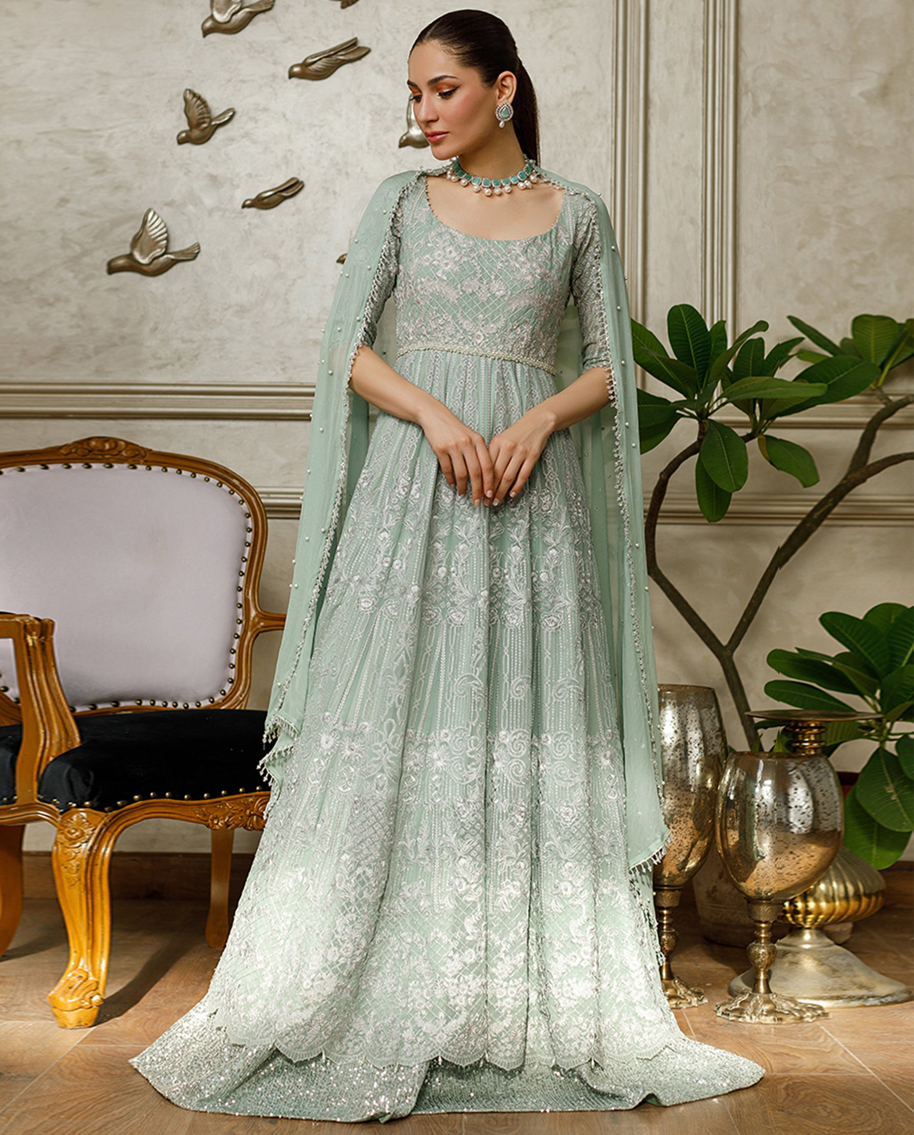 Unstitched Mint Mist Chiffon Embroidered Gown