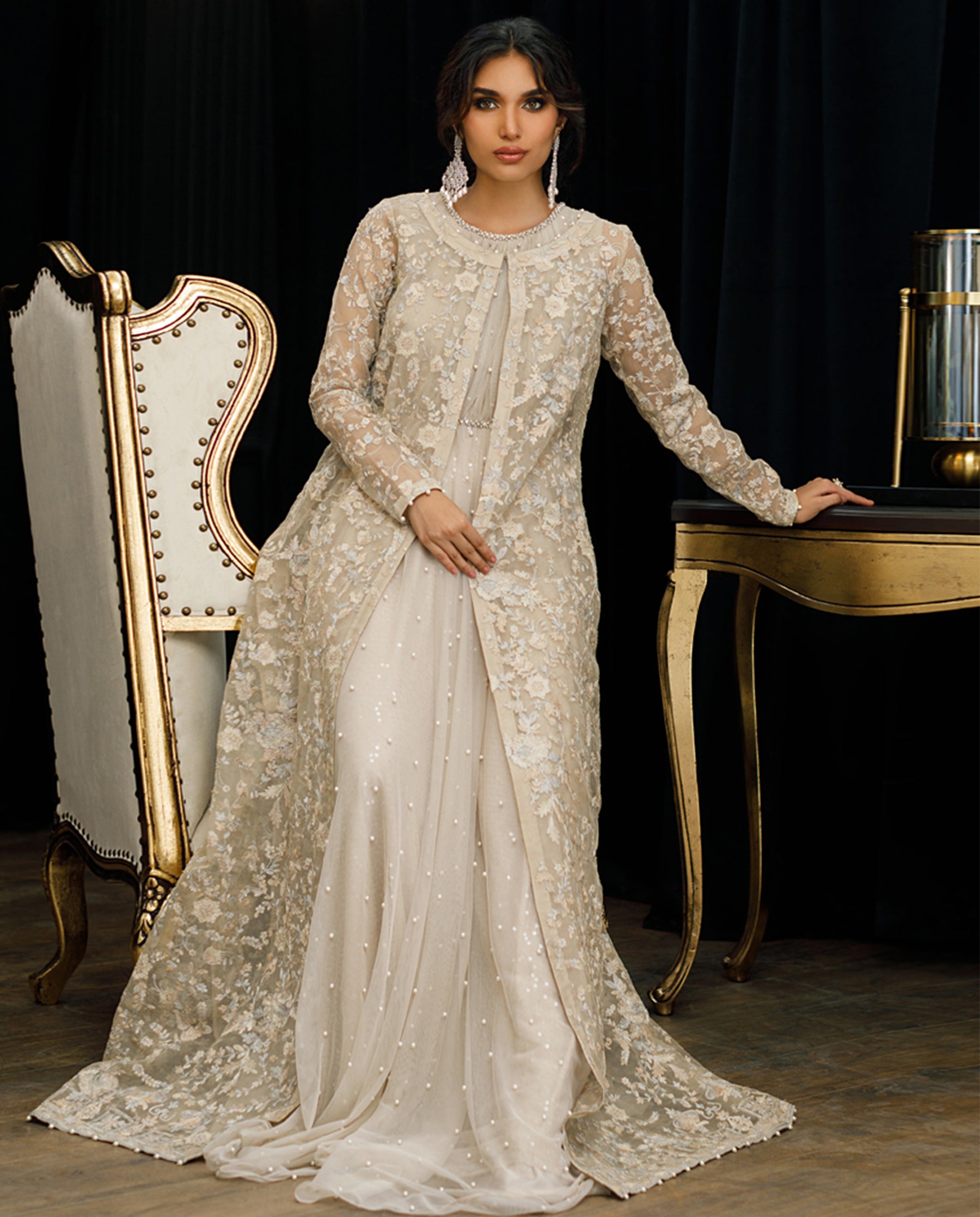 Unstitched Organza Embroidered Jacket With Maxi
