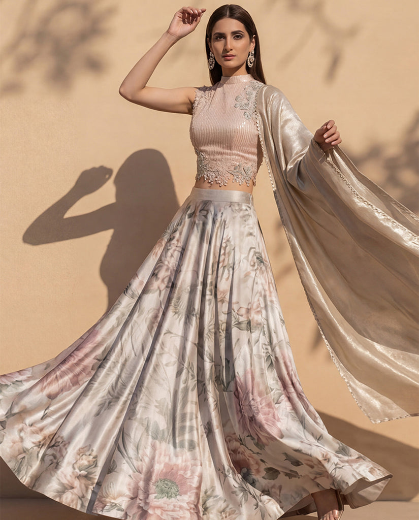 Embellished Blouse With Printed Lehenga
