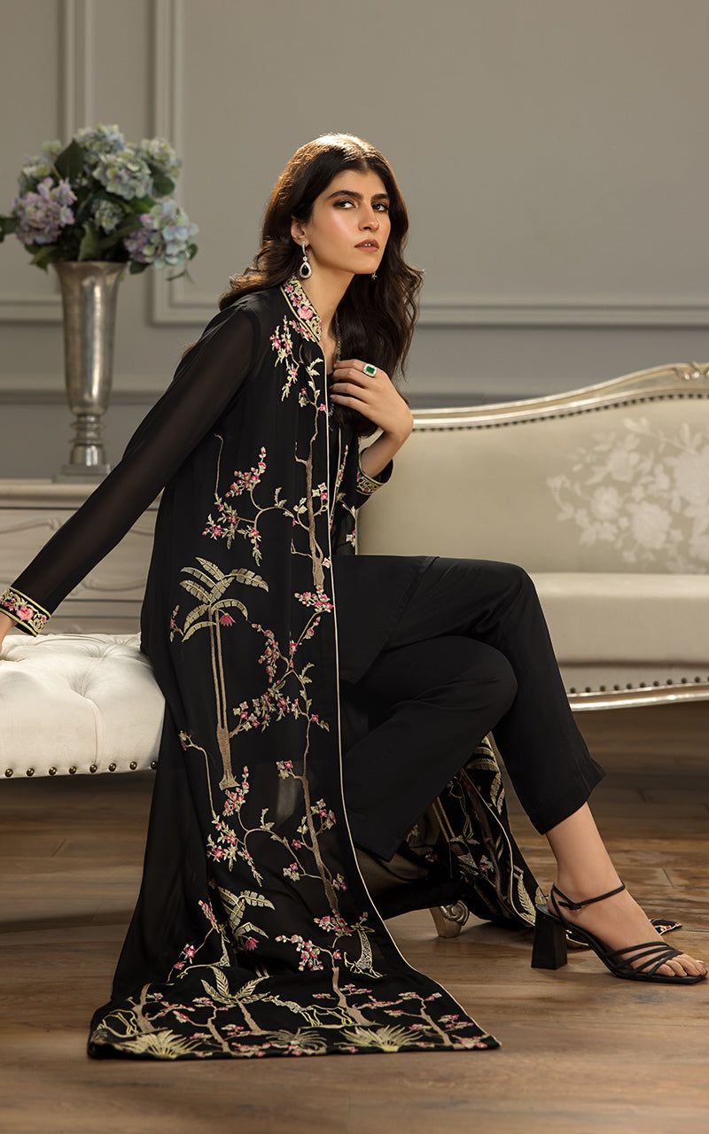 Chiffon Embroidered Long Jacket