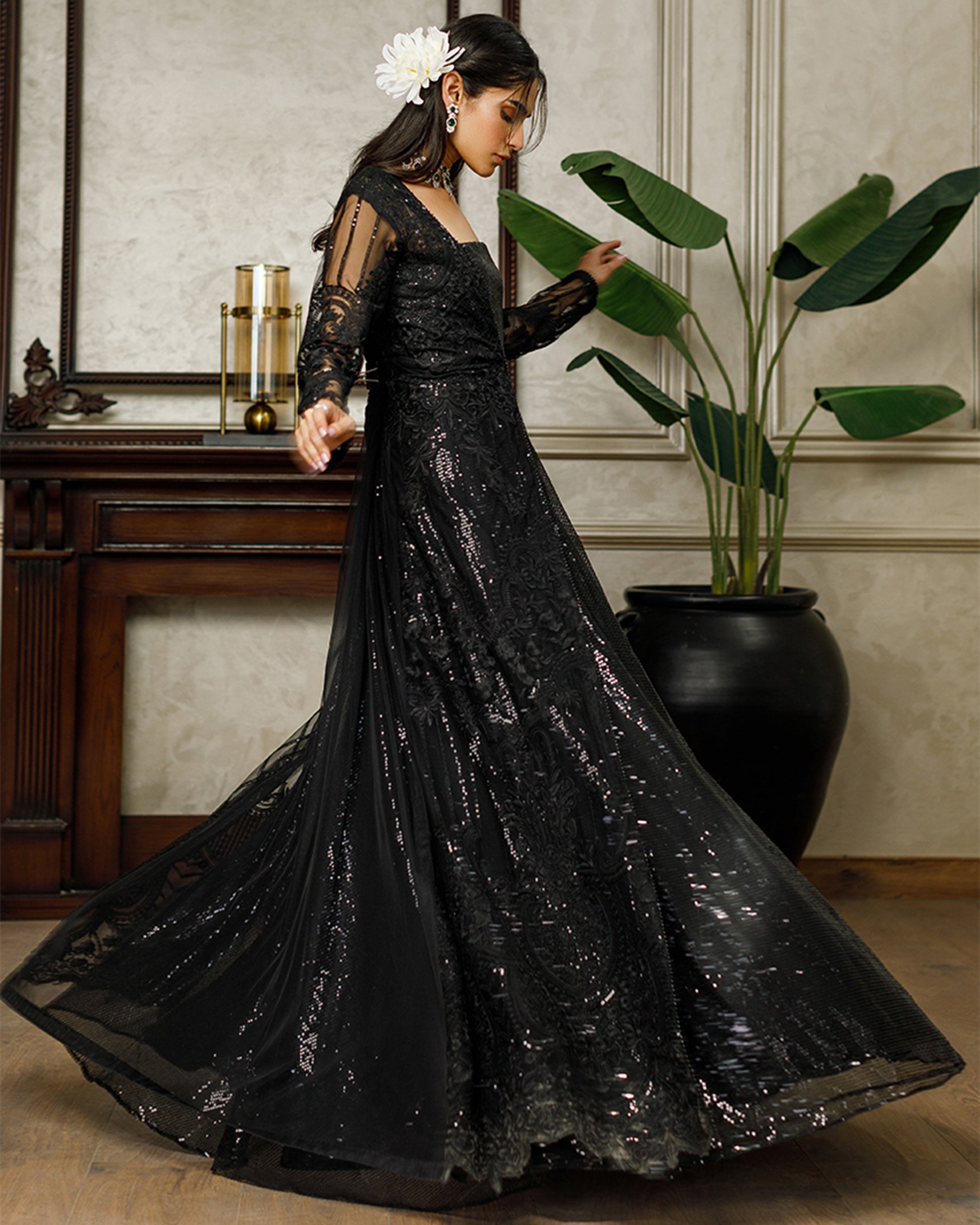 Unstitched Net Embroidered Jacket With Sequins Maxi