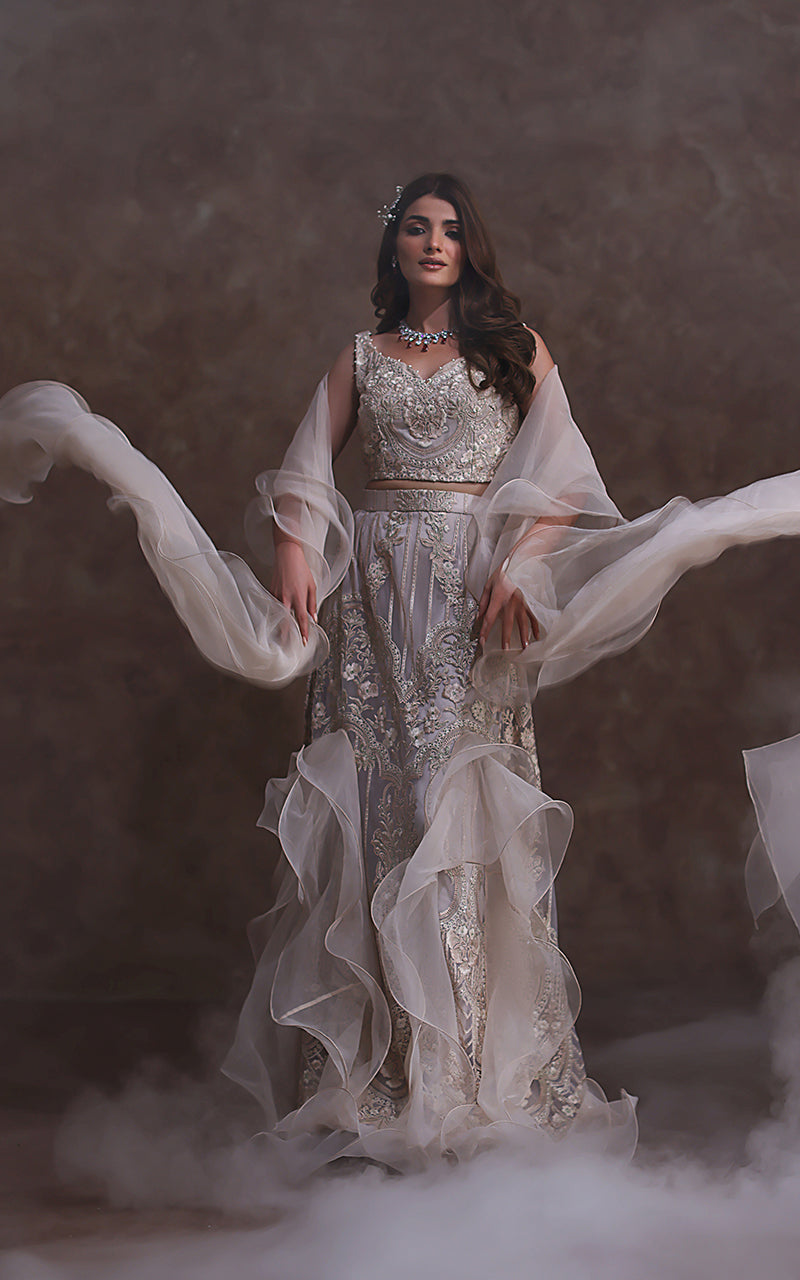 Net Embroidered Blouse and Lehenga