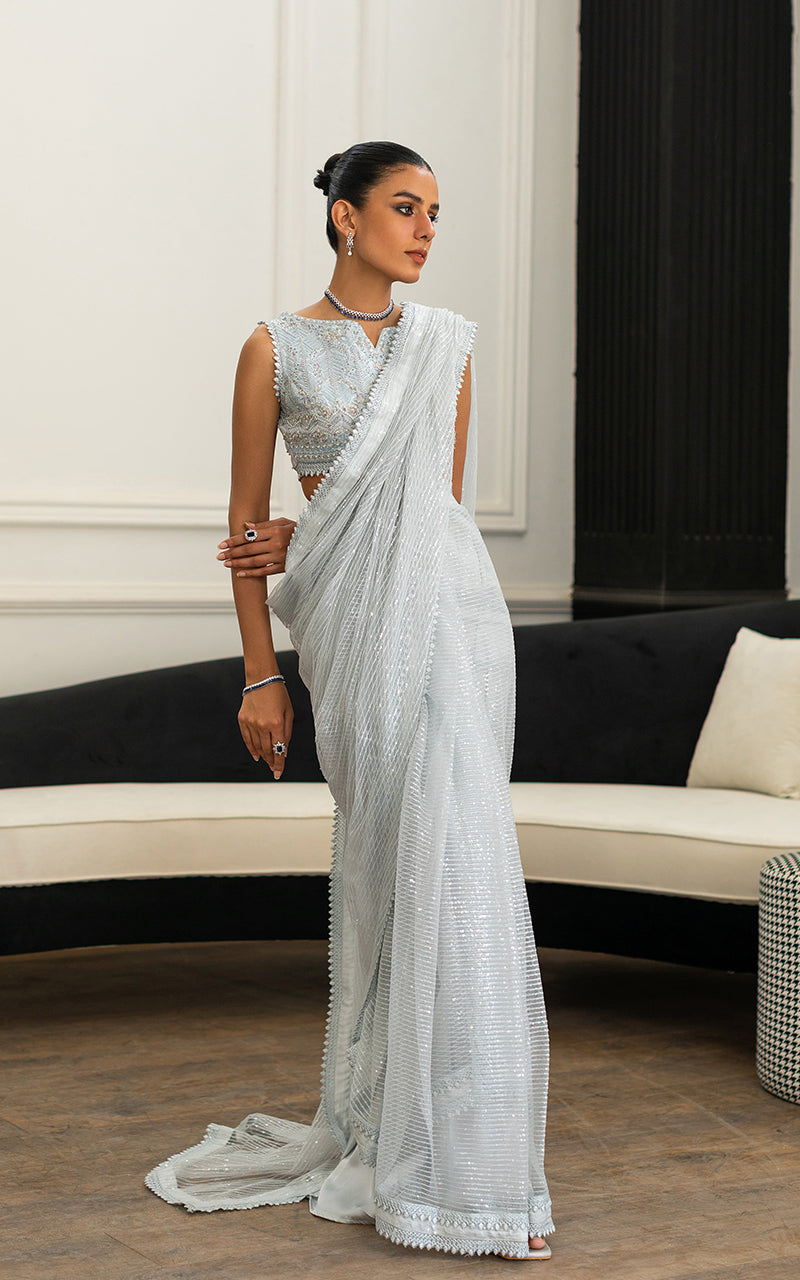 Unstitched Majestic ice-blue Embroidered Saree