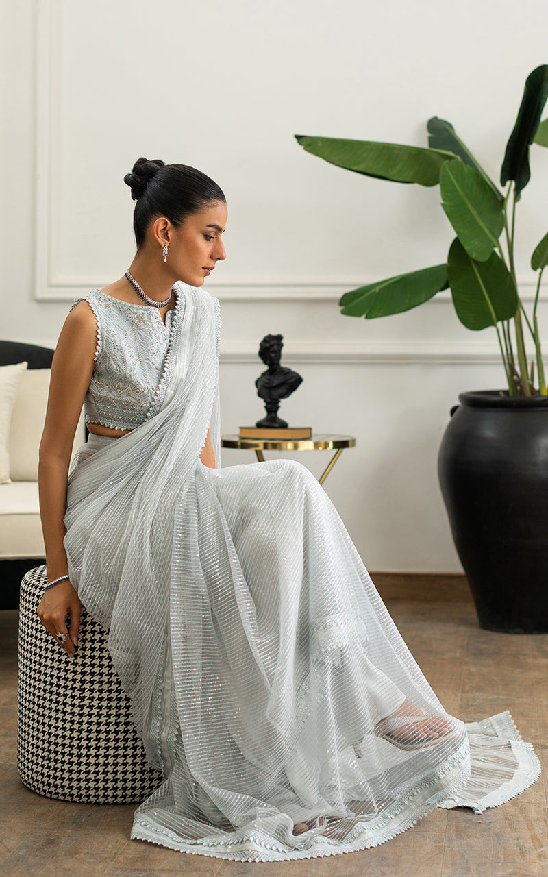 Unstitched Majestic ice-blue Embroidered Saree