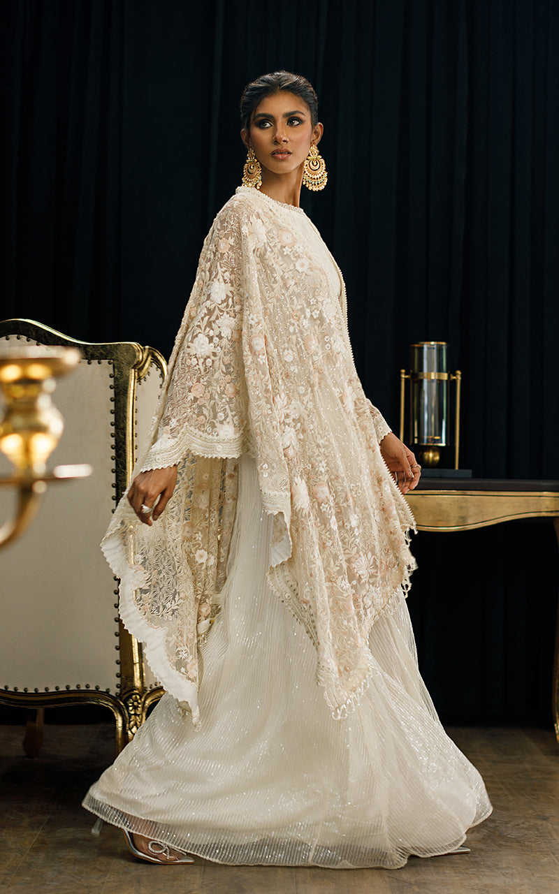Organza Embroidered Cape With Maxi